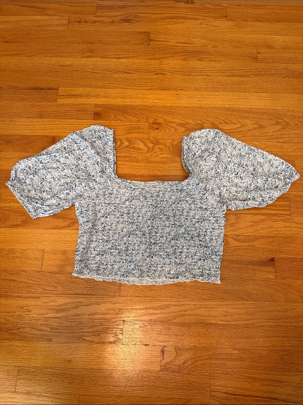 American Eagle Outfitters Blue Floral Puff-Sleeve Smocked Crop Top